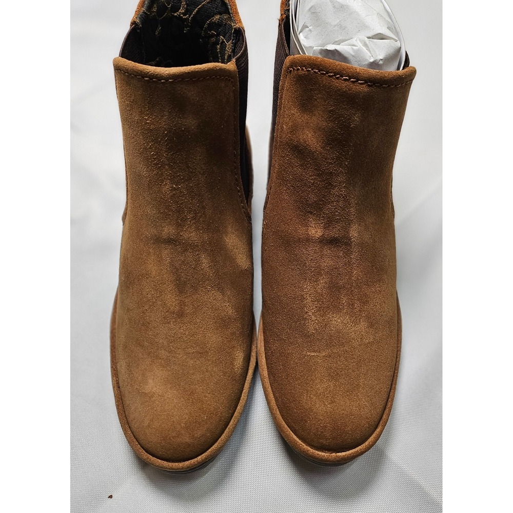 FLY LONDON Phil Wedge Ankle Boots Oil Suede Camel Brown Slip On Women EU 35/US 5